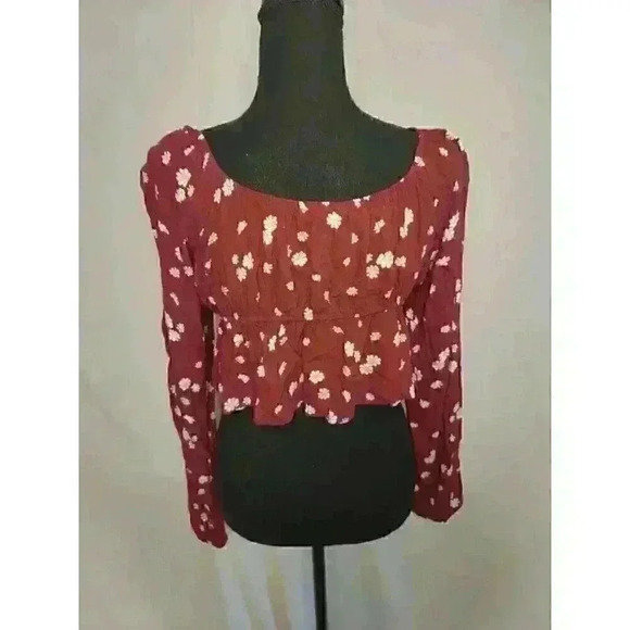 LA Hearts Burgundy Floral Crop Top Long Sleeve SIZE M - Picture 3 of 4